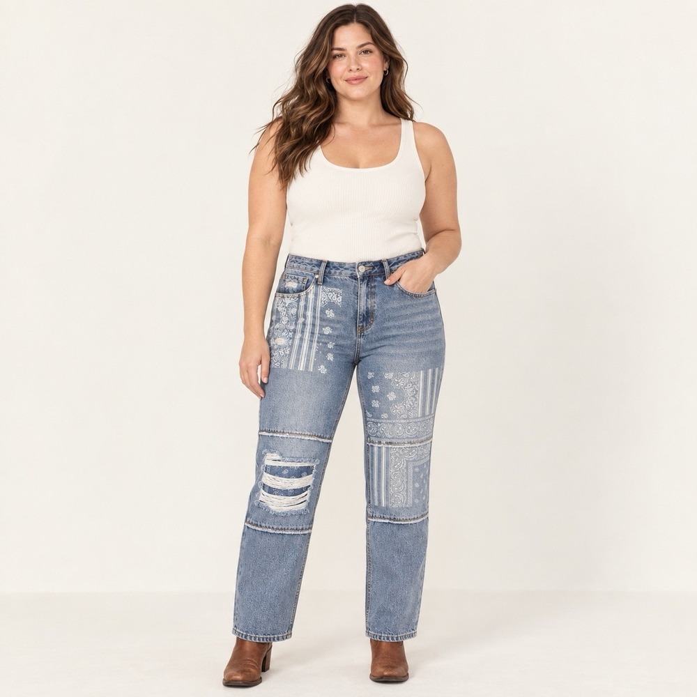 Cleo + Wolf High Rise Straight Jeans Womens 34 Plus Blue Patchwork Print Denim